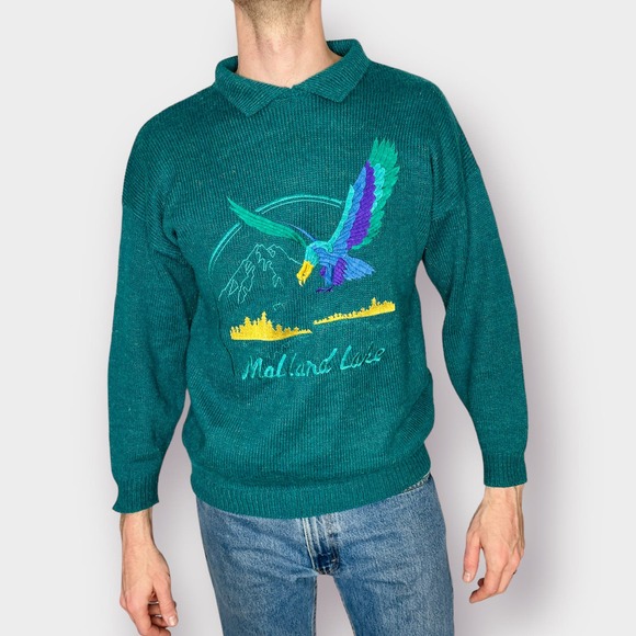 80s‎ Knit Works Teal Lake Mallard Collared Sweater - Picture 2 of 6